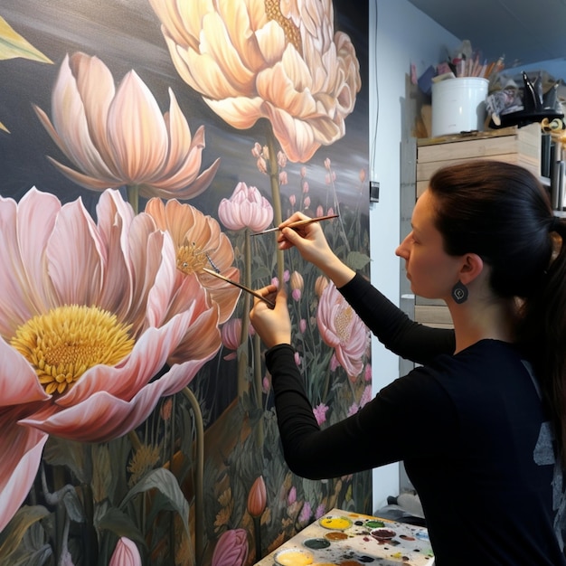 Een vrouw schildert een groot schilderij van bloemen op een muur.