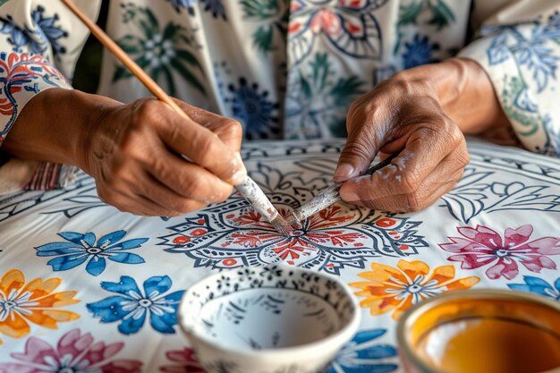 een vrouw schildert op een tafel met een penseel