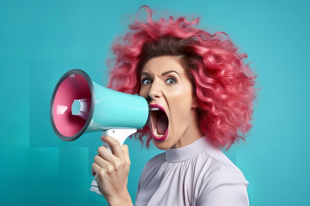 Foto een vrouw schreeuwt in een megafoon.