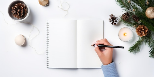 Een vrouw schrijft in een notitieboek bij een lichtgrijze tafel met kerstdecoratie