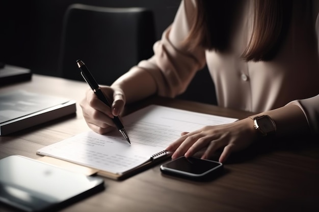 Foto een vrouw schrijft met een pen op een papier.