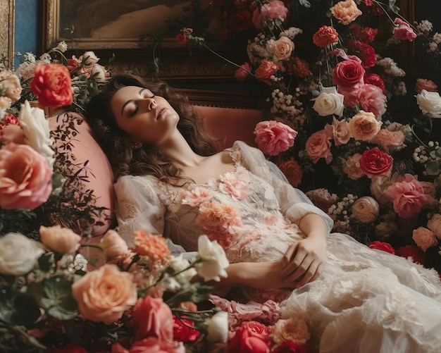 Een vrouw slaapt in een bed met bloemen