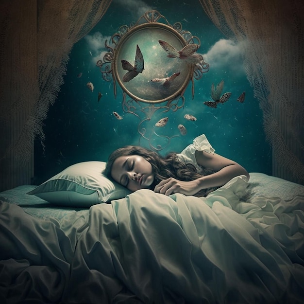 Een vrouw slaapt in een bed met een schilderij van vogels boven haar.