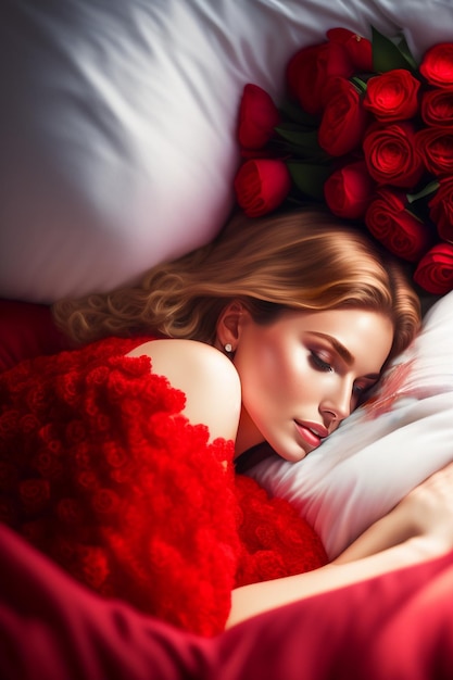 Een vrouw slaapt in een rode jurk met rode rozen erop.