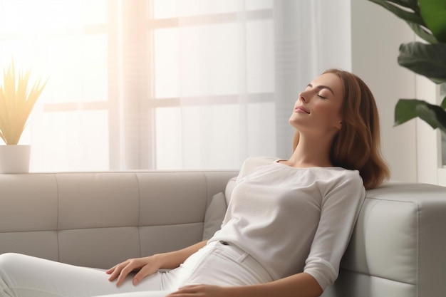 een vrouw slaapt op een bank met de zon die door het raam schijnt