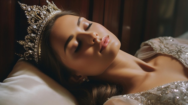 Een vrouw slaapt op een bed met een tiara op haar hoofd.