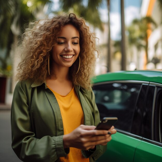 een vrouw sms't op haar telefoon en glimlacht