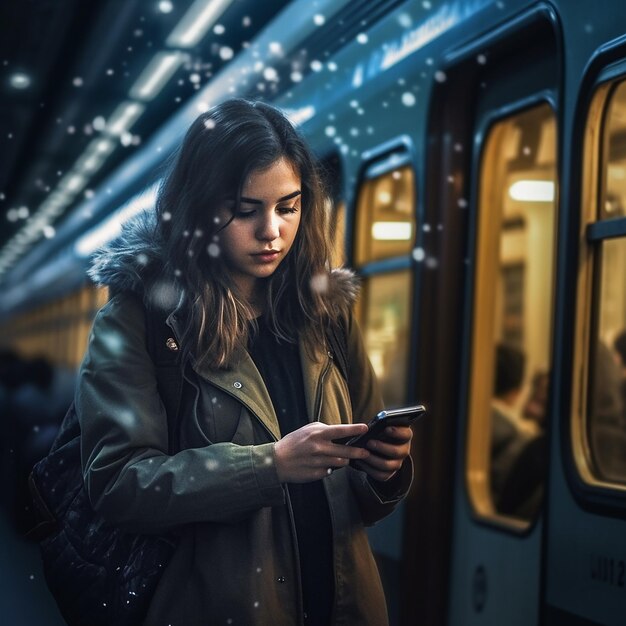 Foto een vrouw sms't op haar telefoon terwijl er een trein voorbijrijdt.