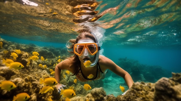 Een vrouw snorkelt in het blauwe water van de rode zee.