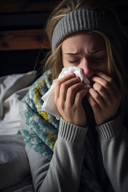 Een vrouw snuit haar neus terwijl ze in bed zit