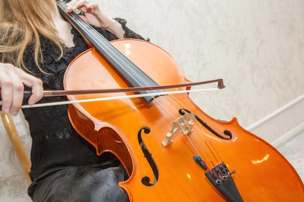 Een vrouw speelt de bruine viool op een lichte achtergrond