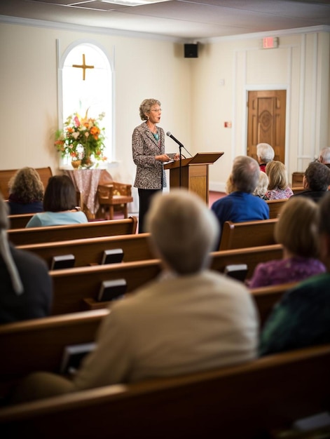 Foto een vrouw spreekt in een kerk met een microfoon.