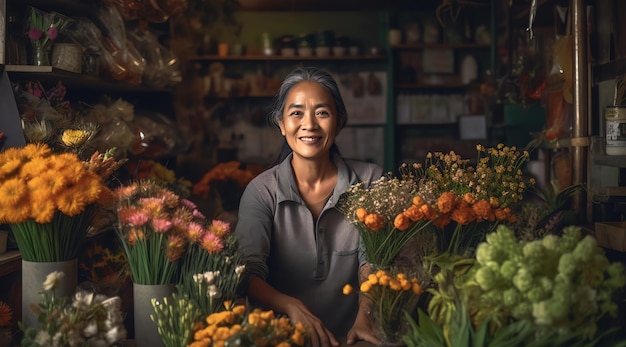 Een vrouw staat achter een boeket bloemen