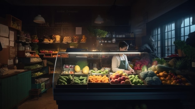 Een vrouw staat achter een toonbank met groenten en fruit.