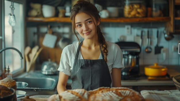 Een vrouw staat in de keuken.