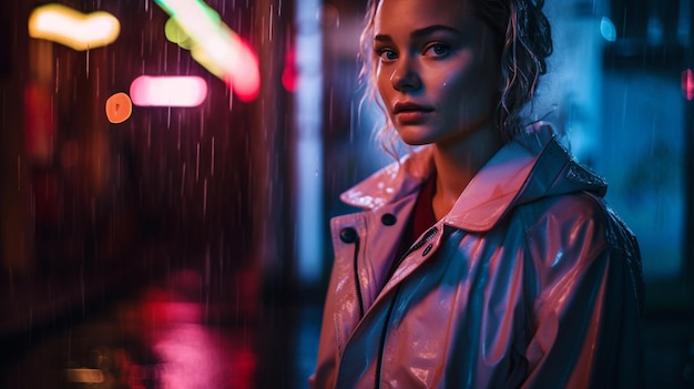 Een vrouw staat in de regen voor een neonbord met de tekst 'de regen'