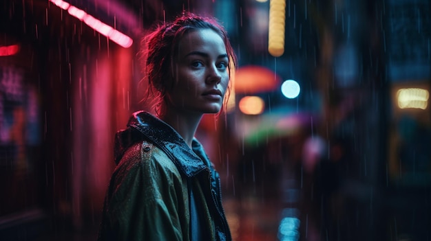 Een vrouw staat in de regen voor een neonbord met de tekst 'ik ben geen meisje'