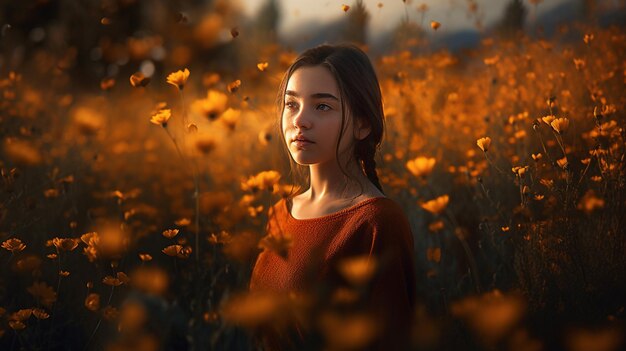 Een vrouw staat in een bloemenveld