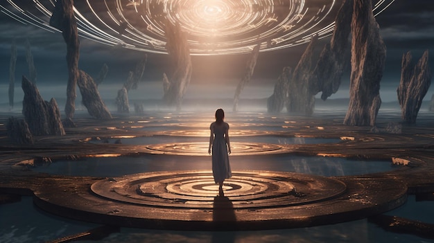 Een vrouw staat in een cirkel met een gouden licht in het midden van het beeld.