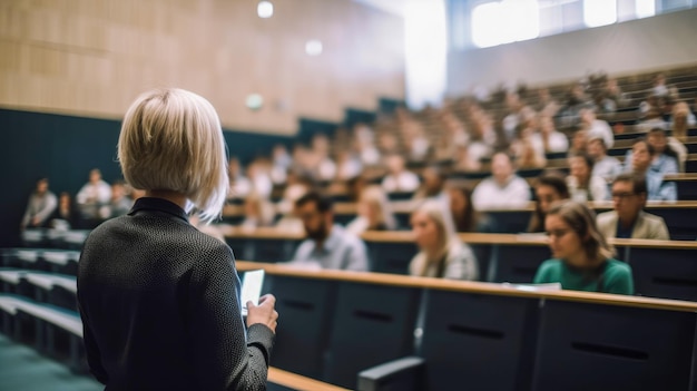 Een vrouw staat in een collegezaal en spreekt een groep mensen toe.