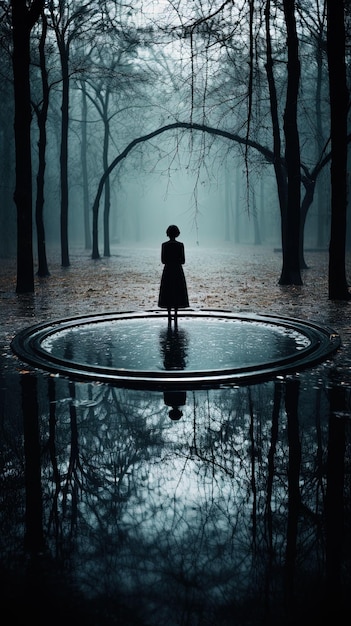 Een vrouw staat in een donker bos met een cirkel van water in het midden.