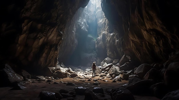 Een vrouw staat in een grot waar het licht doorheen komt