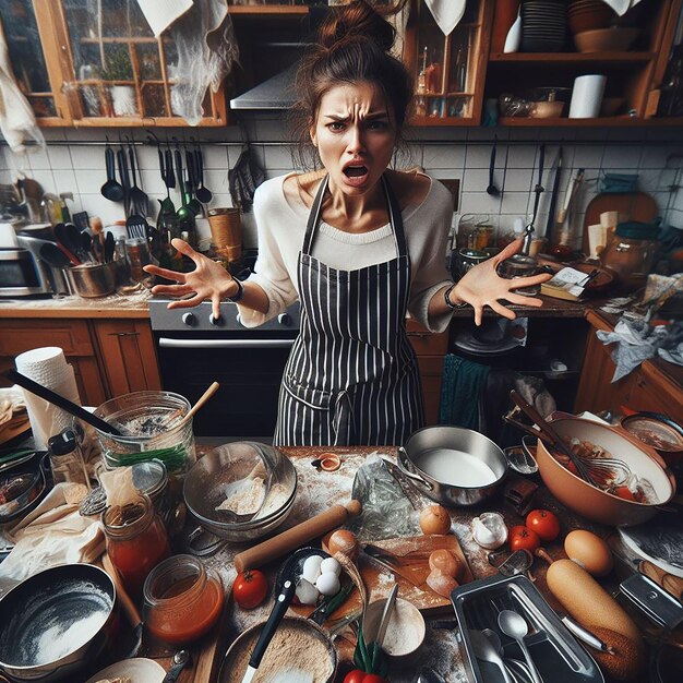 Een vrouw staat in een keuken is erg rommelig generatieve ai.