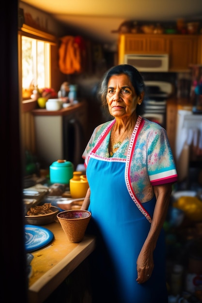 Een vrouw staat in een keuken met borden en kommen