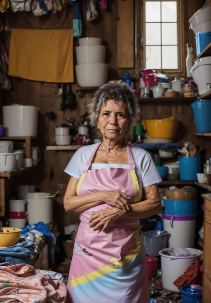 Een vrouw staat in een keuken met een roze schort aan.