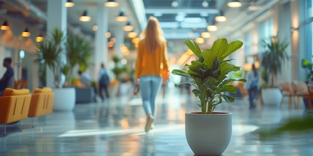 Een vrouw staat in een luchthaventerminal en observeert een verzameling planten. Ze lijkt geïnteresseerd te zijn in het groen terwijl ze op haar vlucht wacht.