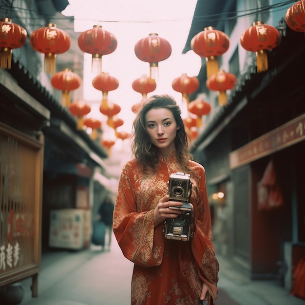 Een vrouw staat in een straat met een lantaarn boven haar