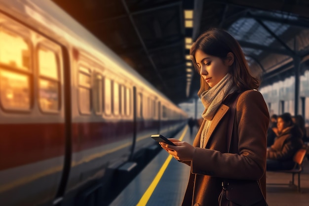 Een vrouw staat in een treinstation en kijkt op haar telefoon