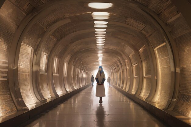 Een vrouw staat in een tunnel met de titel 'Het boek der kennis'