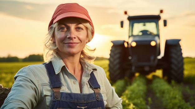 Een vrouw staat in een veld met een tractor achter haar portret van een europese boer