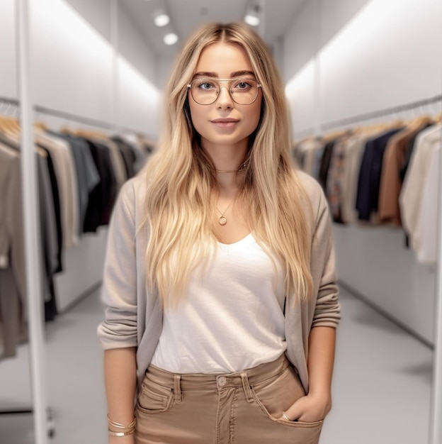 Een vrouw staat in een winkel met een bril en een wit topje op.