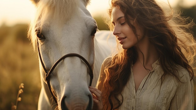 Een vrouw staat in een zonnige weide en communiceert teder met haar majestueuze paard