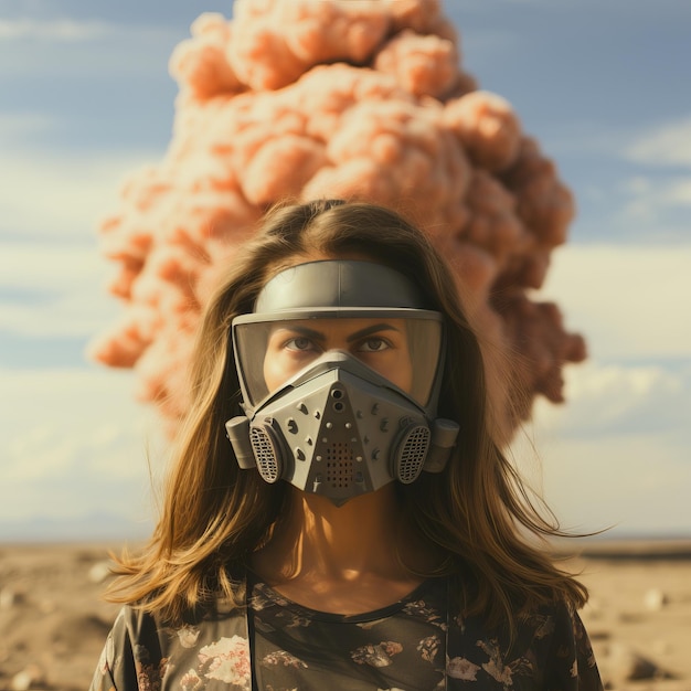 Een vrouw staat met een gasmasker tegen de achtergrond van een nucleaire explosie overdag Stormachtige lucht