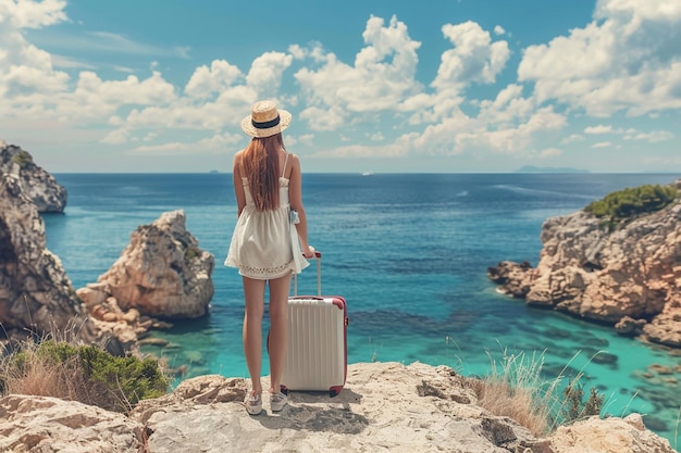 Foto een vrouw staat met een koffer en kijkt naar het uitzicht op de zee.