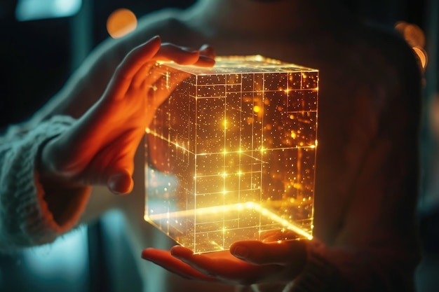 Een vrouw staat met een kubus die een zachte gloed uitzendt in haar handen een persoon die een gloeiende doos opent die de veilige aard van blockchain AI genereert