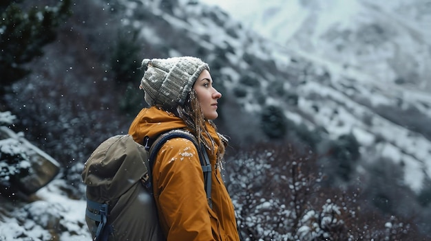 Een vrouw staat met een rugzak en kijkt uit op een met sneeuw bedekt berglandschap