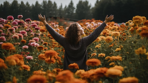 Foto een vrouw staat met uitgestrekte armen in een bloemenveld.