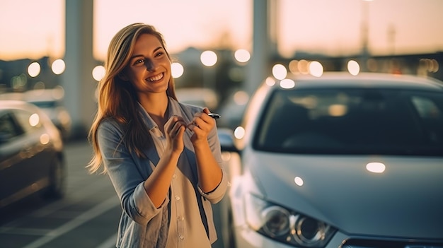 Een vrouw staat naast een auto en houdt een sleutel vast.