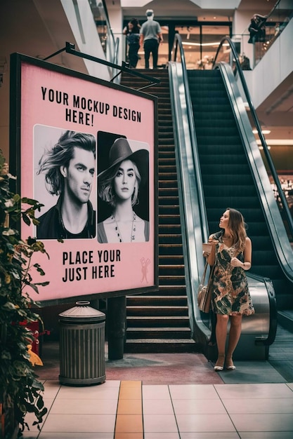 Een vrouw staat naast een roltrap met een poster dat zegt dat je roltrap
