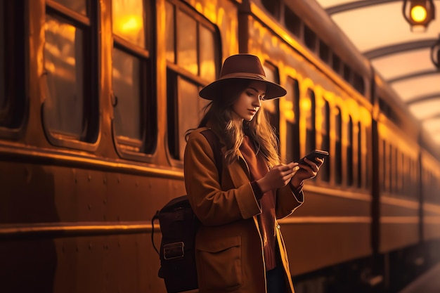 Een vrouw staat naast een trein met een hoed op en een tas op haar schouder