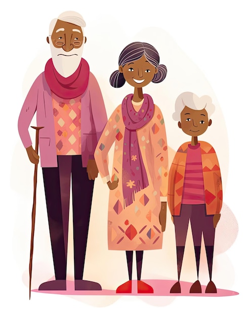een vrouw staat naast twee ouderen in de stijl van schattige cartoonachtige ontwerpen