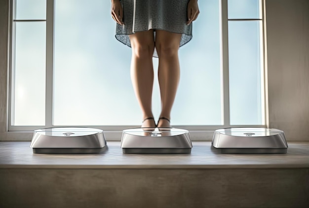 een vrouw staat op de top van een gewichtsschaal in de stijl van onderbelichting