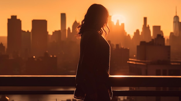 Een vrouw staat op een balkon en kijkt naar de skyline van de stad.