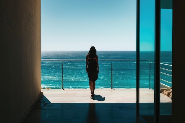 Een vrouw staat op een balkon en kijkt uit op de uitgestrekte oceaan voor haar, verloren in gedachten en contemplatie.