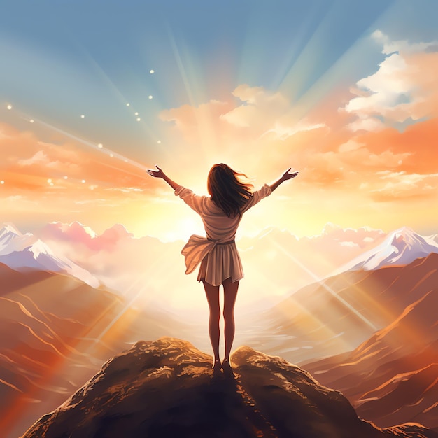Een vrouw staat op een berg met haar armen uitgestrekt