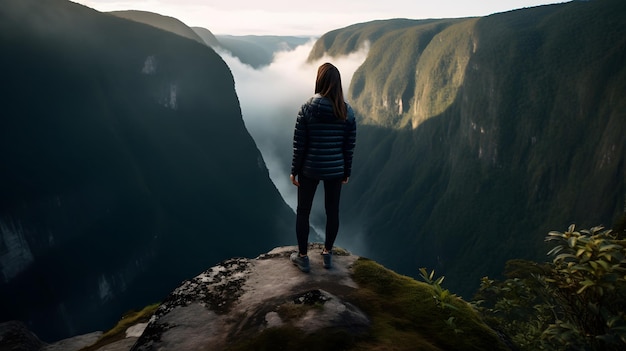 Foto een vrouw staat op een bergtop en kijkt uit over een vallei beneden.